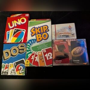 Card Game Bundle -Uno, Dos, Skip- bo, Vegas Cards, Chocolate Fun Facts Cards
